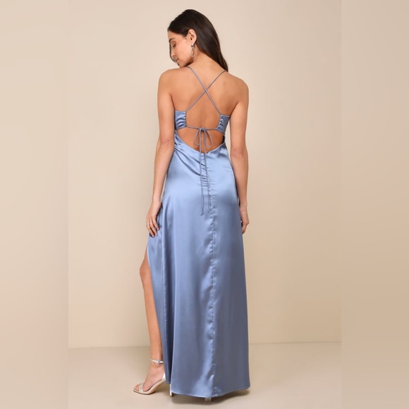 Lulus-Stunning Example Slate Blue Satin Pleated Backless Maxi Dress (Small) - Picture 3 of 6